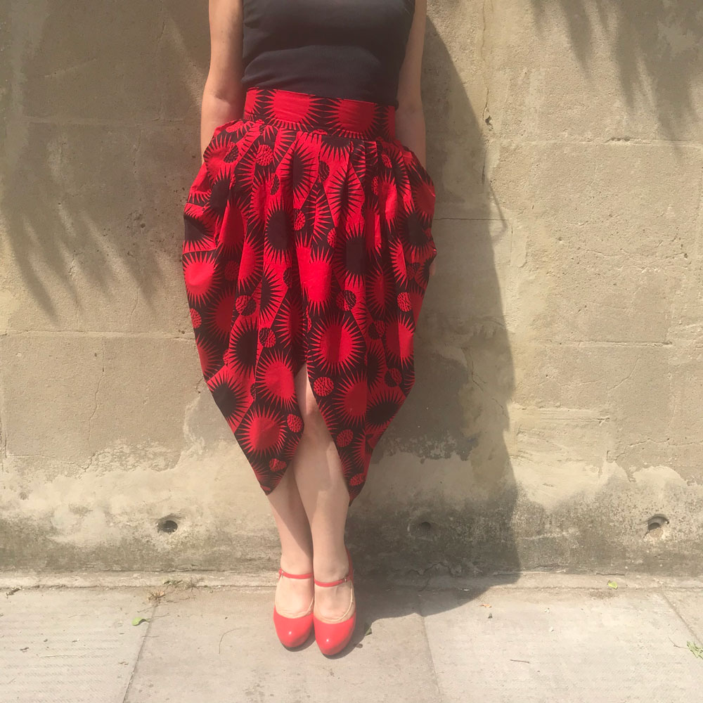 Pattern-free cowl skirt in African wax fabric