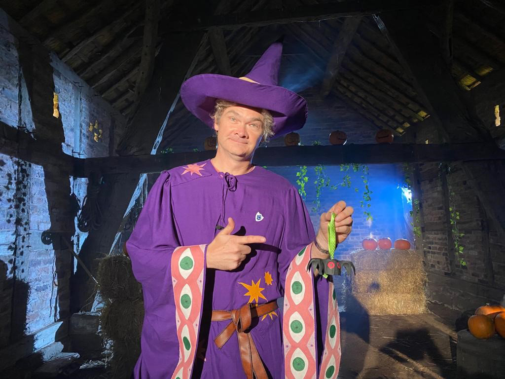 Simon Farnaby wearing bespoke Merdyn costume