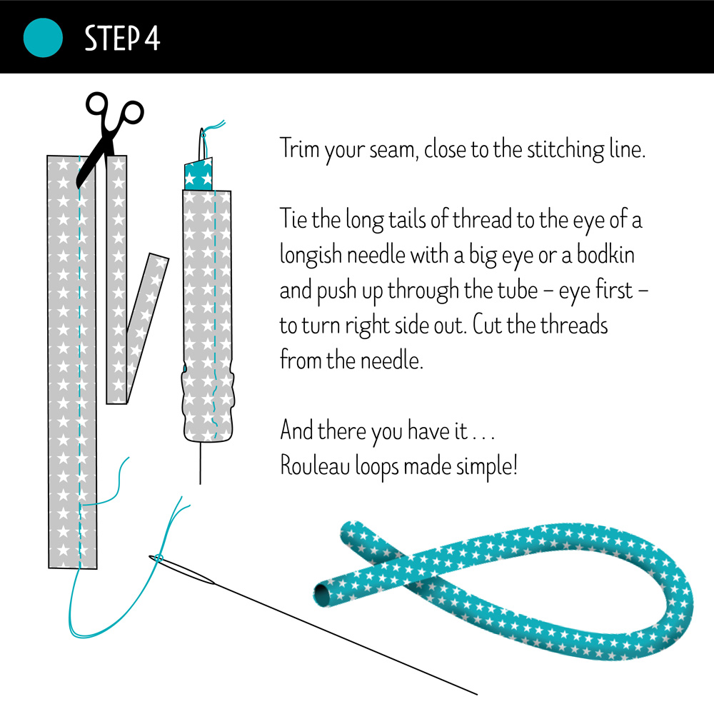 STEP 4: Trim your seam, close to the stitching line.

Tie the long tails of thread to the eye of a longish needle with a big eye or a bodkin and push up through the tube – eye first – to turn right side out. Cut the threads from the needle.

And there you have it . . .
Rouleau loops made simple!